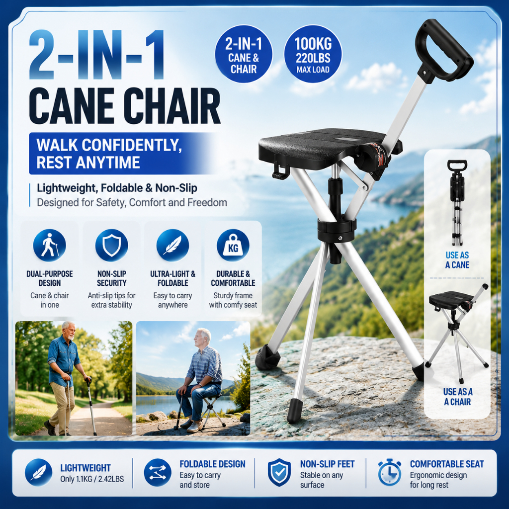 【Local Warehouse+COD】Multifunctional Cane Chair: Non-slip, Portable Walking Cane Chair for the Elderly, Outdoor Hiking Cane Stool with Lightweight Folding Design, Easy to Carry