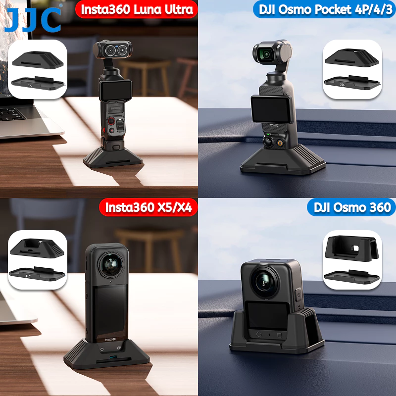 JJC กล้องลื่นเดสก์ท็อปสําหรับ DJI Osmo Pocket 4P 4 3 OSMO 360 & Insta360 Luna Ultra X5 X4 กล้อง, ซิลิโคนกาวแดชบอร์ดรถขาตั้งพร้อมฐานกาว