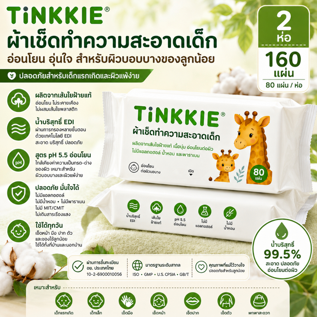 TiNKKiEทิคคี ที่รัก ผ้าเช็ดทําความสะอาด 160 แผ่น (2 x 80) ทิชชู่เปียกคอตตอน, น้ําบริสุทธิ์ เอดี, ปริญญาเอก 5.5, ปราศจากแอลกอฮอล์, ปราศจากน้ําหอม, ผ้าเช็ดทําความสะอาดเด็กแรกเกิดสําหรับผิวบอบบาง, หน้าเด็กและมื