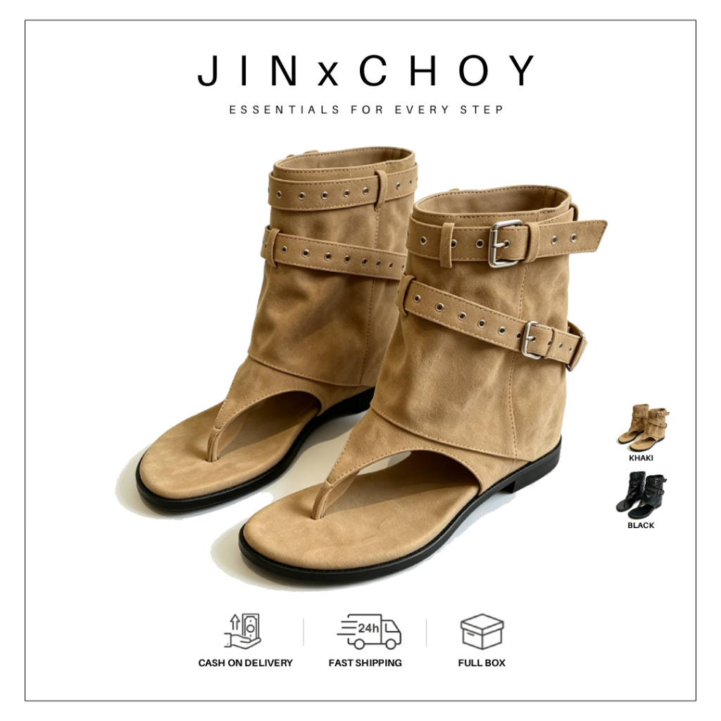 JINxCHOY ฤดูร้อนสไตล์ใหม่ย้อนยุคหนังนิ่มเข็มขัดหัวเข็มขัดพลิกนิ้วเท้ารองเท้าแตะแฟชั่นสบายๆกลางแจ้งสวมใส่กันลื่นสวมทน ผอมลง ดูรองเท้าแตะแบนโรงงานขายส่งราคา