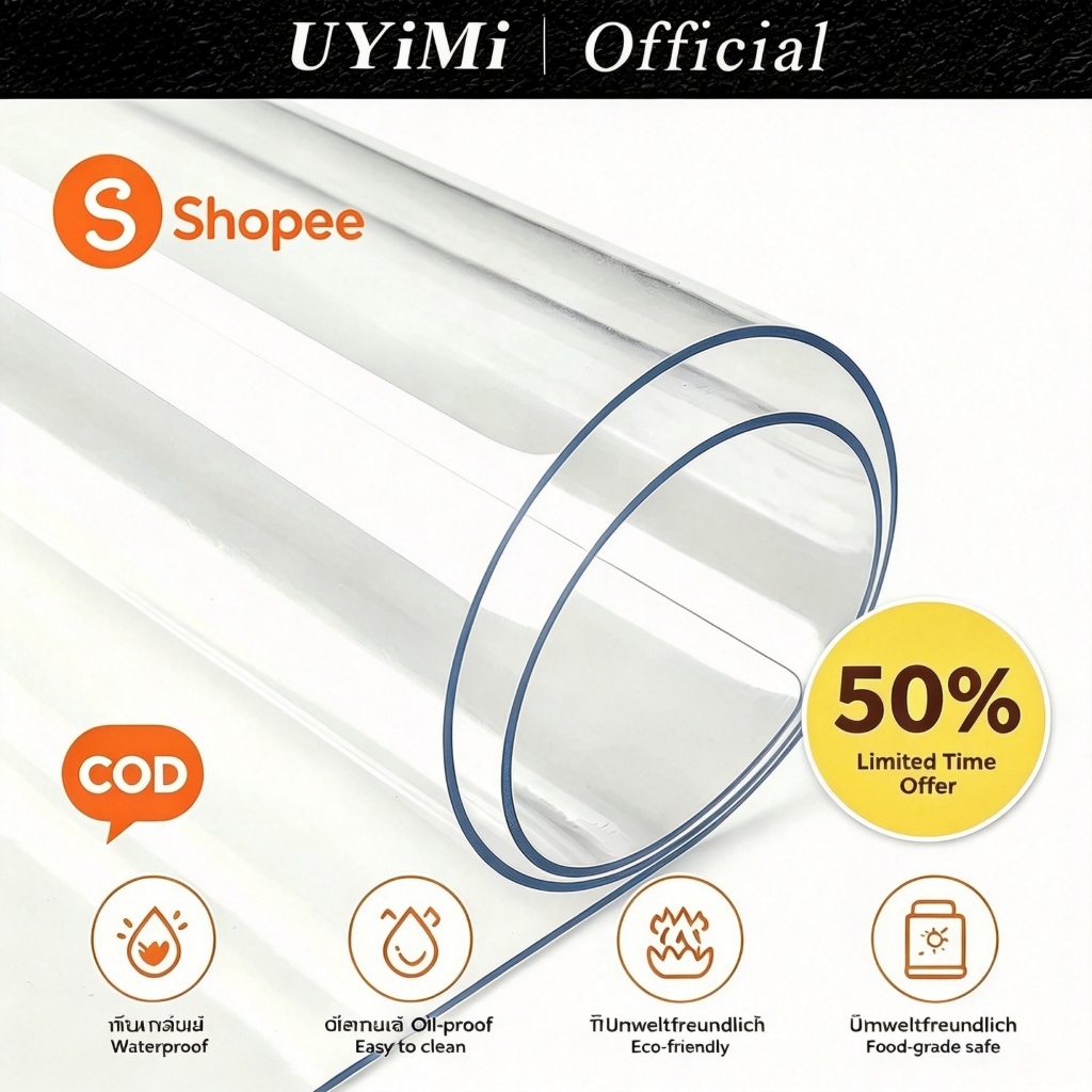 PVC ปูโต๊ะ  ใสพิเศษ กันน้ำ กันรอยขีดข่วน ทำความสะอาดง่าย วัสดุปลอดภัย มีหลายขนาดให้เลือก