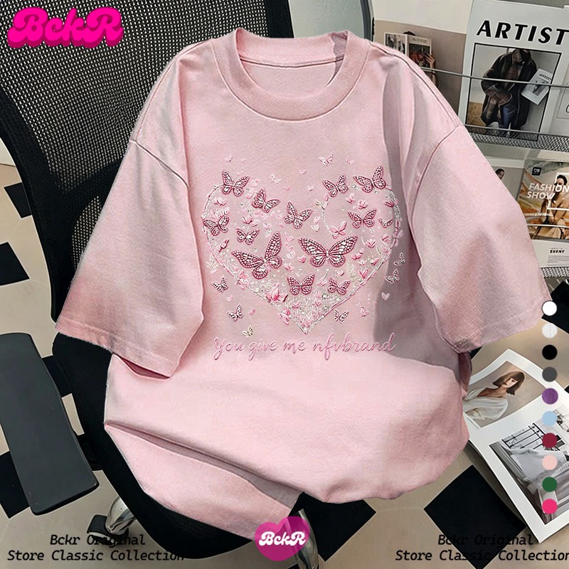 【จัดส่งตลอด 24 ชั่วโมง】 BCKR Cotton ลายพิมพ์ผีเสื้อ ชุดหน้าร้อน เสื้อ oversize tshirt คอกลม ผู้หญิง YG3371