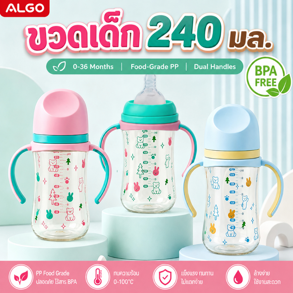ขวดนมเด็ก 240ml ขวดนม 8 ออนซ์ พร้อมหูจับ จับถนัดมือ กันรั่ว มีสเกลวัด วัสดุ PP+ซิลิโคน BPA Free น้ำหนักเบา ทนความร้อน ลายน่ารัก สำหรับ