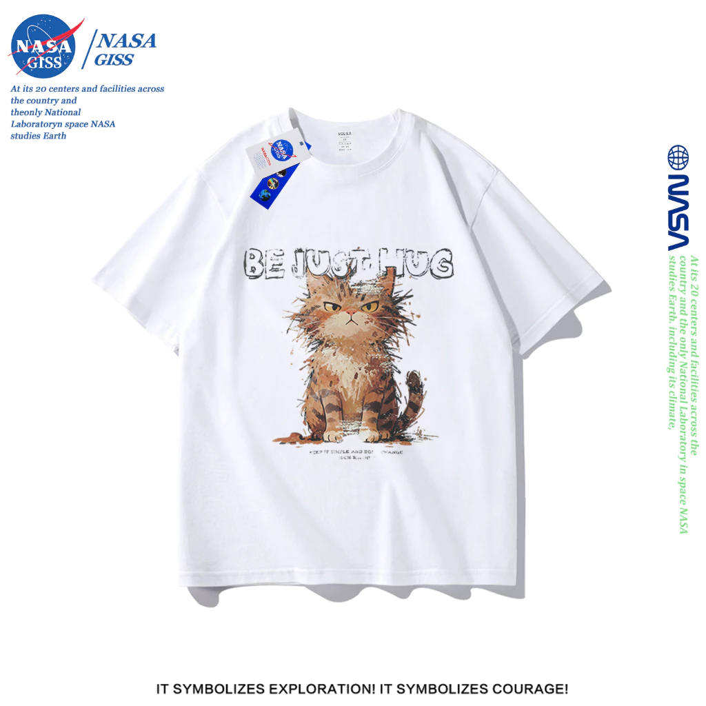 NASA เสื้อยืดชายหญิงแขนสั้น สไตล์ลำลอง summer แมวส้มขนฟูฟ่อง พิมพ์ลาย t-shirt แบบหลวม คอกลม ยับยากไม่ต้องรีด
