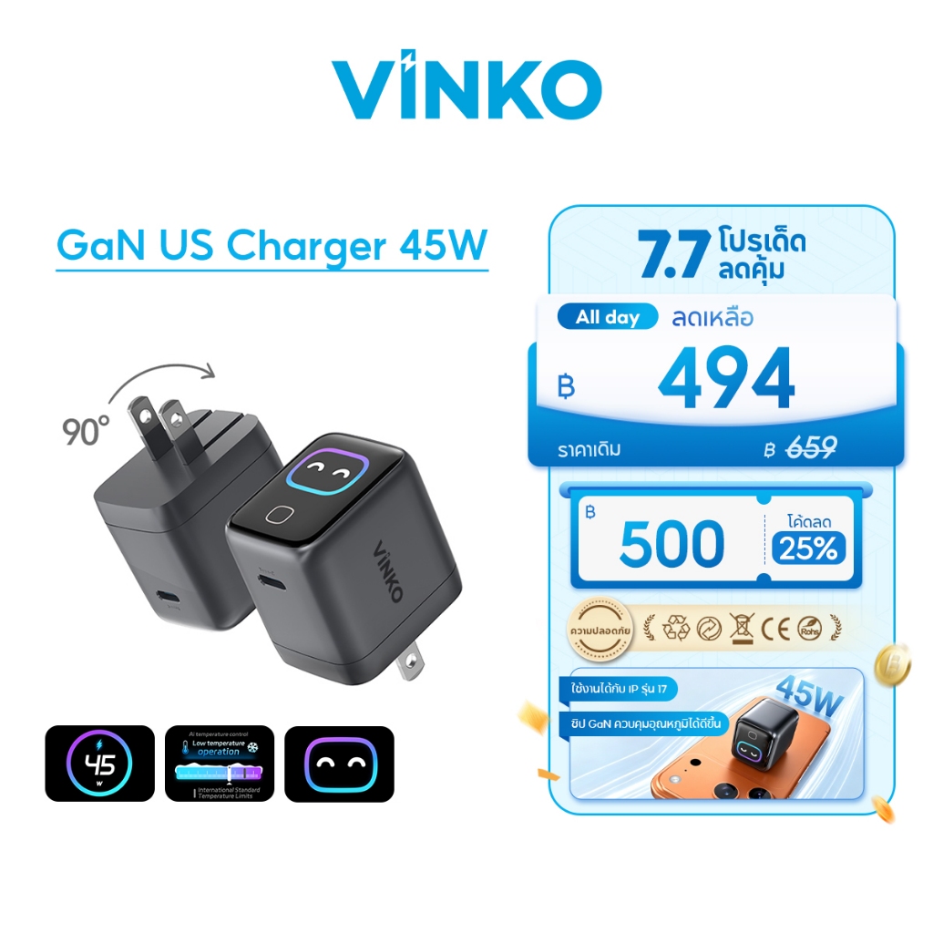 [New] Vinko 45W Fast Charger GaN Smart display ขาพับได้ มีหน้าจอ USB C ชาร์จไว PD3.0 QC สำหรับ iPhone 17 Samsung S25