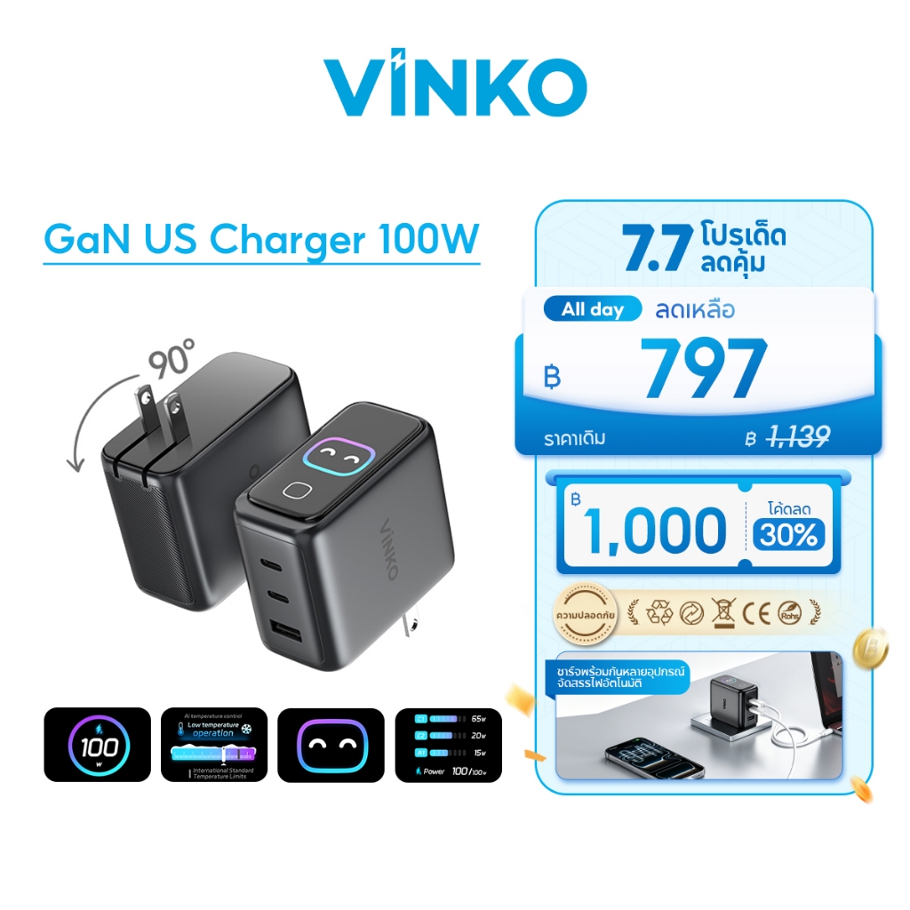 [New] Vinko 100W Max GaN Charger 3-Port USB C+USB A พร้อมจอแสดงผลอัจฉริยะและระบบควบคุมแบบสัมผัส for iPhone 17 Pro/Samsung/Laptop