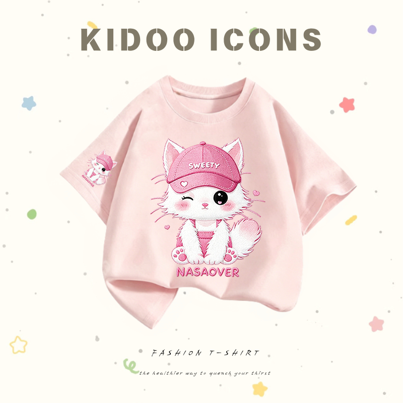 KIDOO ICONS เสื้อยืดเด็กผู้หญิงฤดูร้อน สไตล์ลำลองทรงหลวม ลายแมวและตัวอักษรการ์ตูน ผ้าฝ้ายแท้ 100% #A01+6145