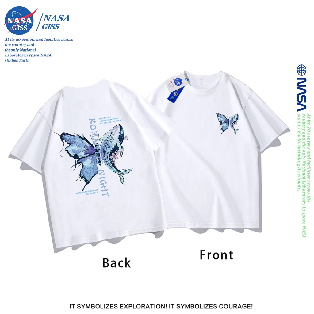 NASA เสื้อยืดชายหญิงแขนสั้น สไตล์ลำลอง summer วาฬผีเสื้อ พิมพ์ลาย t-shirt แบบหลวม คอกลม ยับยากไม่ต้องรีด