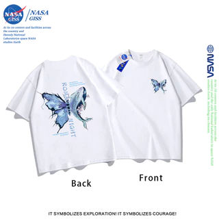 NASA เสื้อยืดชายหญิงแขนสั้น สไตล์ลำลอง summer วาฬผีเสื้อ พิมพ์ลาย t-shirt แบบหลวม คอกลม ยับยากไม่ต้องรีด