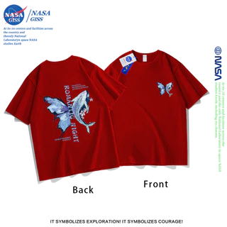 NASA เสื้อยืดชายหญิงแขนสั้น สไตล์ลำลอง summer วาฬผีเสื้อ พิมพ์ลาย t-shirt แบบหลวม คอกลม ยับยากไม่ต้องรีด