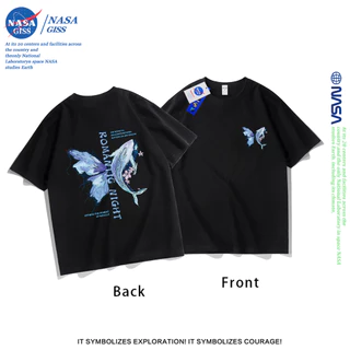 NASA เสื้อยืดชายหญิงแขนสั้น สไตล์ลำลอง summer วาฬผีเสื้อ พิมพ์ลาย t-shirt แบบหลวม คอกลม ยับยากไม่ต้องรีด