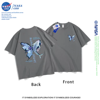 NASA เสื้อยืดชายหญิงแขนสั้น สไตล์ลำลอง summer วาฬผีเสื้อ พิมพ์ลาย t-shirt แบบหลวม คอกลม ยับยากไม่ต้องรีด