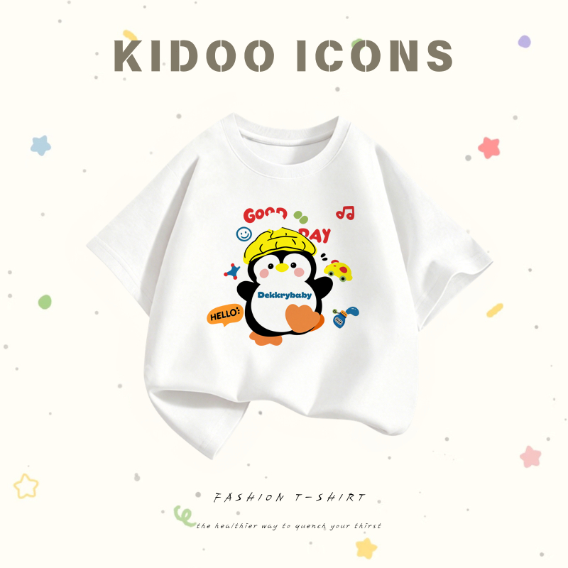 KIDOO ICONS เสื้อยืดเด็กผู้ชายฤดูร้อน สไตล์ลำลองทรงหลวม ลายเพนกวินการ์ตูน ผ้าฝ้ายแท้ 100% #A01+5697