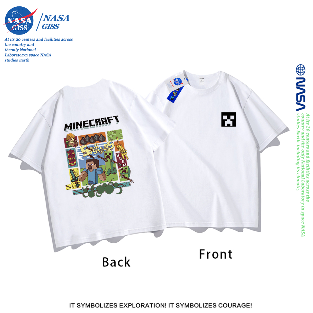 NASA เสื้อยืดชายหญิงแขนสั้น สไตล์ลำลอง summer Minecraft พิมพ์ลาย t-shirt แบบหลวม คอกลม ยับยากไม่ต้องรีด