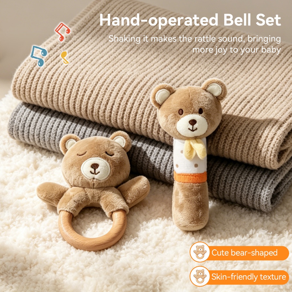 2in 1 Baby Bear Rattle & ของเล่นไม้ยางกัด, Soft Plush Sensory Shaker สําหรับ Auditory & Visual Development 0-6M