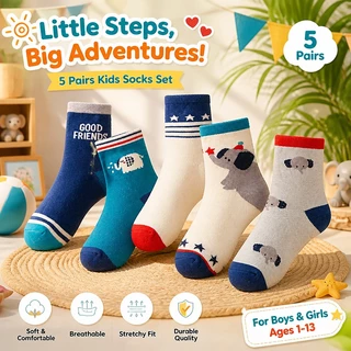 【ส่งด่วน】🧦 ถุงเท้าเด็กผู้ชาย 5 คู่ ผ้าฝ้ายนุ่ม ลายสัตว์น่ารัก ระบายอากาศ ใส่ประจำวัน