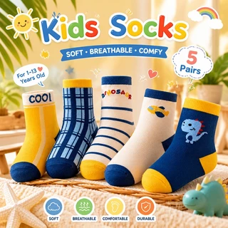 【ส่งด่วน】🧦 ถุงเท้าเด็กผู้ชาย 5 คู่ ผ้าฝ้ายนุ่ม ลายสัตว์น่ารัก ระบายอากาศ ใส่ประจำวัน