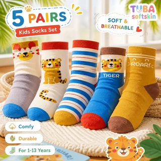 【ส่งด่วน】🧦 ถุงเท้าเด็กผู้ชาย 5 คู่ ผ้าฝ้ายนุ่ม ลายสัตว์น่ารัก ระบายอากาศ ใส่ประจำวัน