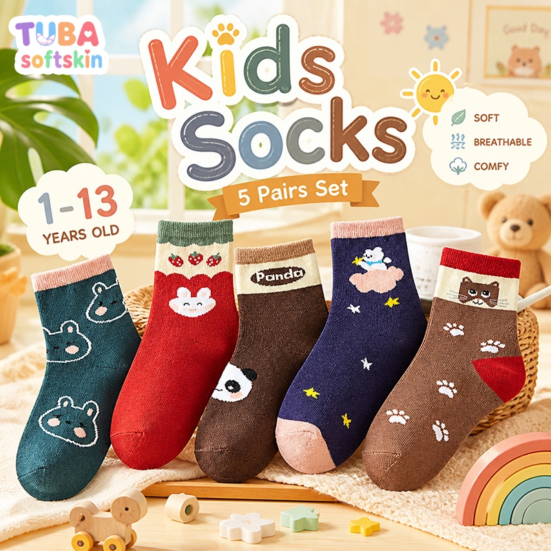【ส่งด่วน】🧦 ถุงเท้าเด็กยูนิเซ็กซ์ 5 คู่ ผ้าฝ้ายลายน่ารัก นุ่มสบาย ระบายอากาศดี สำหรับใส่ประจำวัน