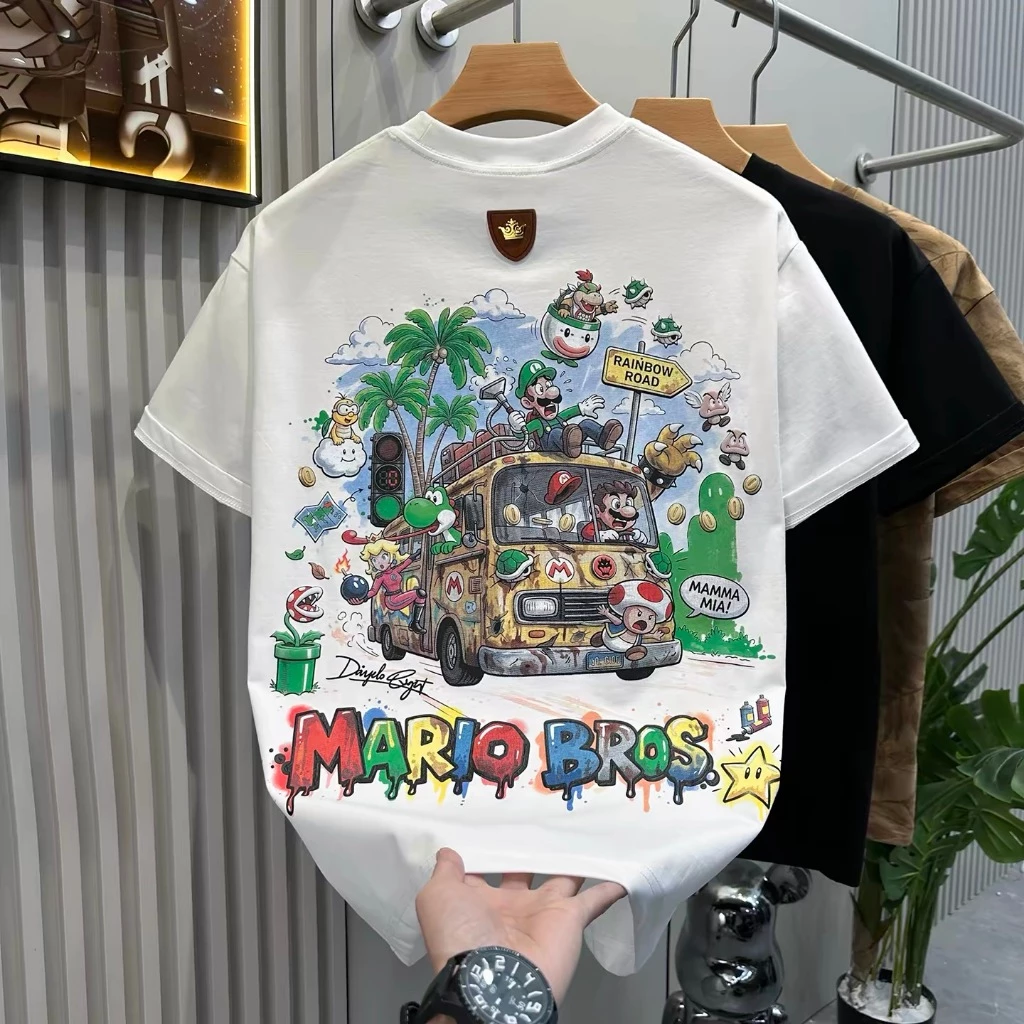 BOOM เสื้อยืดคอกลม ผลิตจากผ้าคอตตอน 100% ลายมาริโอ้ Oversize ระบายอากาศดี เหมาะสำหรับเยาวชน