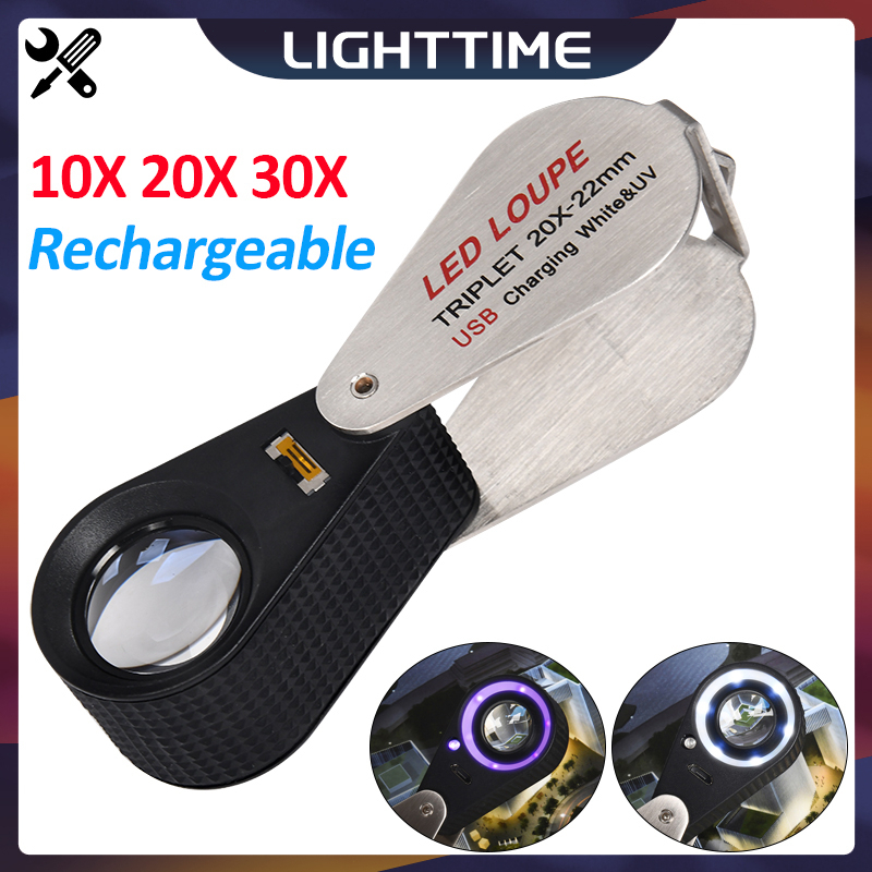 10X 20X 30X โลหะเครื่องประดับแว่นขยายพร้อมไฟ LED และ UV โคมไฟพับแว่นขยายแบบชาร์จไฟได้สําหรับเครื่องป
