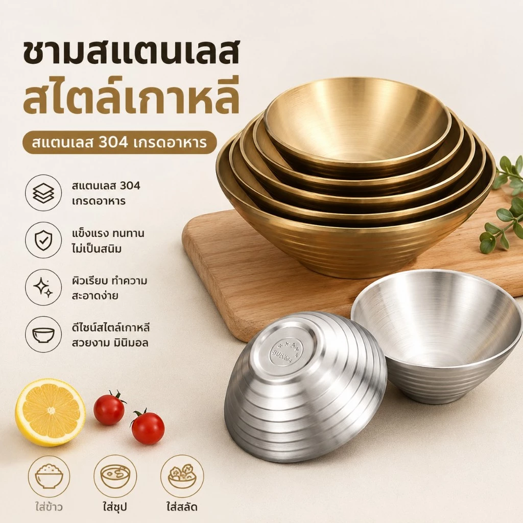 ✨ส่งจากไทย✨ชามสแตนเลส สองชั้นกันร้อน ทรงราเมน ใส่ก๋วยเตี๋ยว อาหารรสเผ็ด ชามผลไม้ ชามซุป ทนทาน