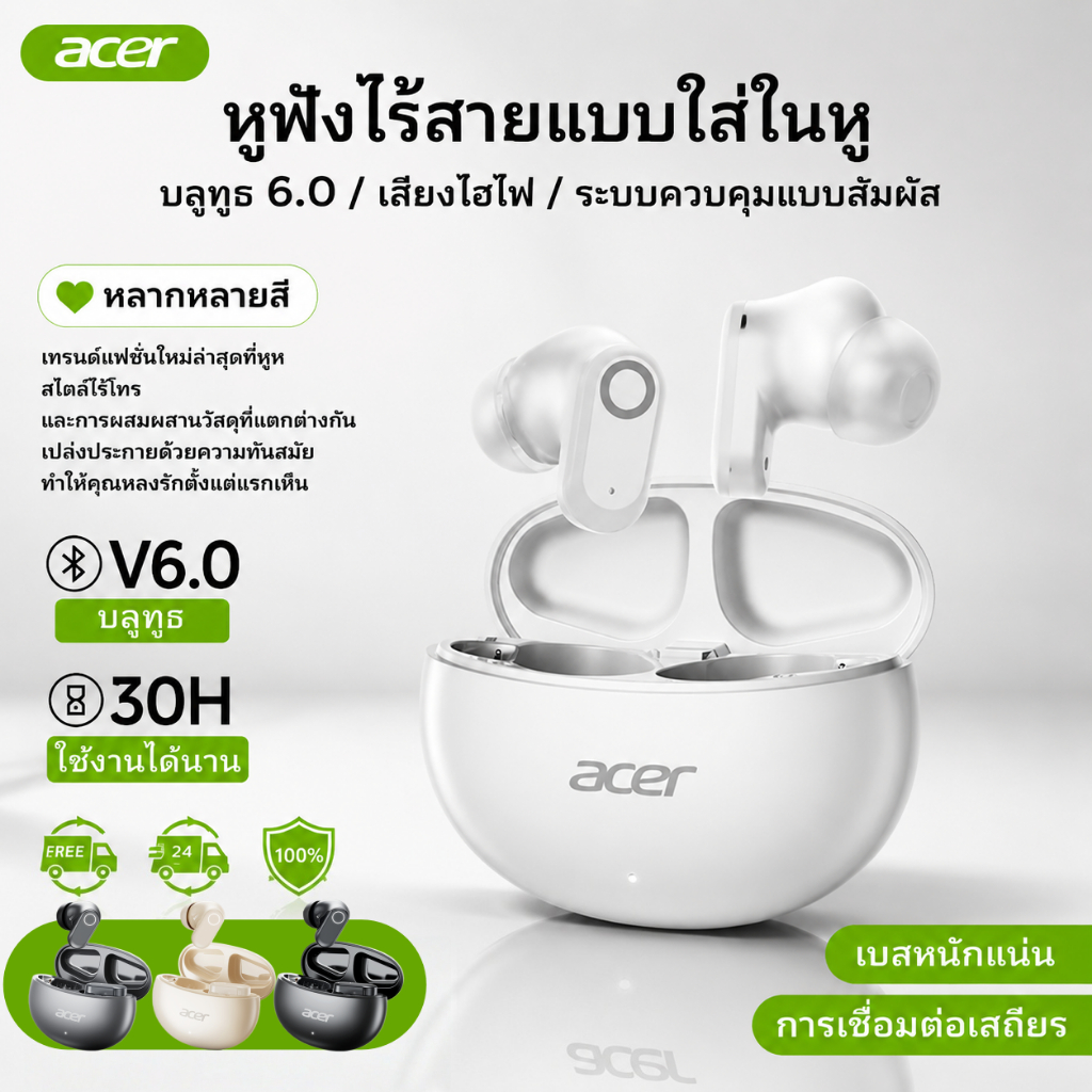 Acer OHR627  🔥หูฟังบลูทูธไร้สายอินเอียร์ Bluetooth 6.0 Dual ENC ตัดเสียงรบกวน สวมใส่เบาสบาย อายุแบตยาว ชาร์จ Type-C ใช้งานร่วม Android iOS 4 สี 【COD】