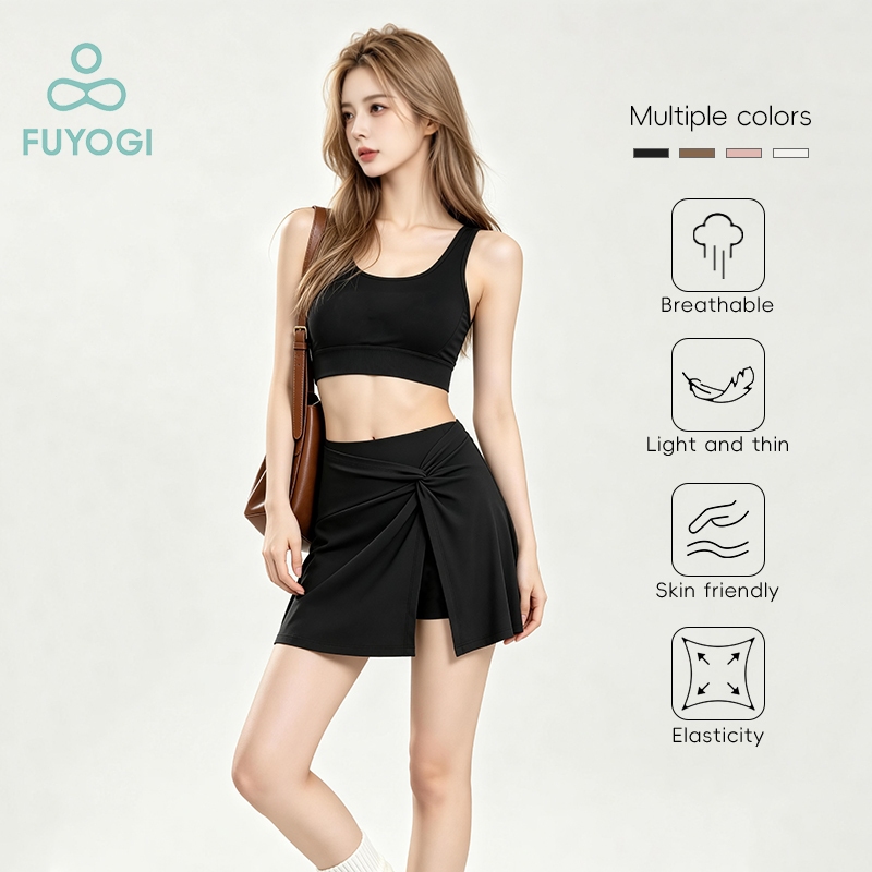 FUYOGI กระโปรงเทนนิส Yoga Lined Safer เอวสูงวิ่งยกก้นกระเป๋ากระโปรงกีฬาแห้งเร็ว
