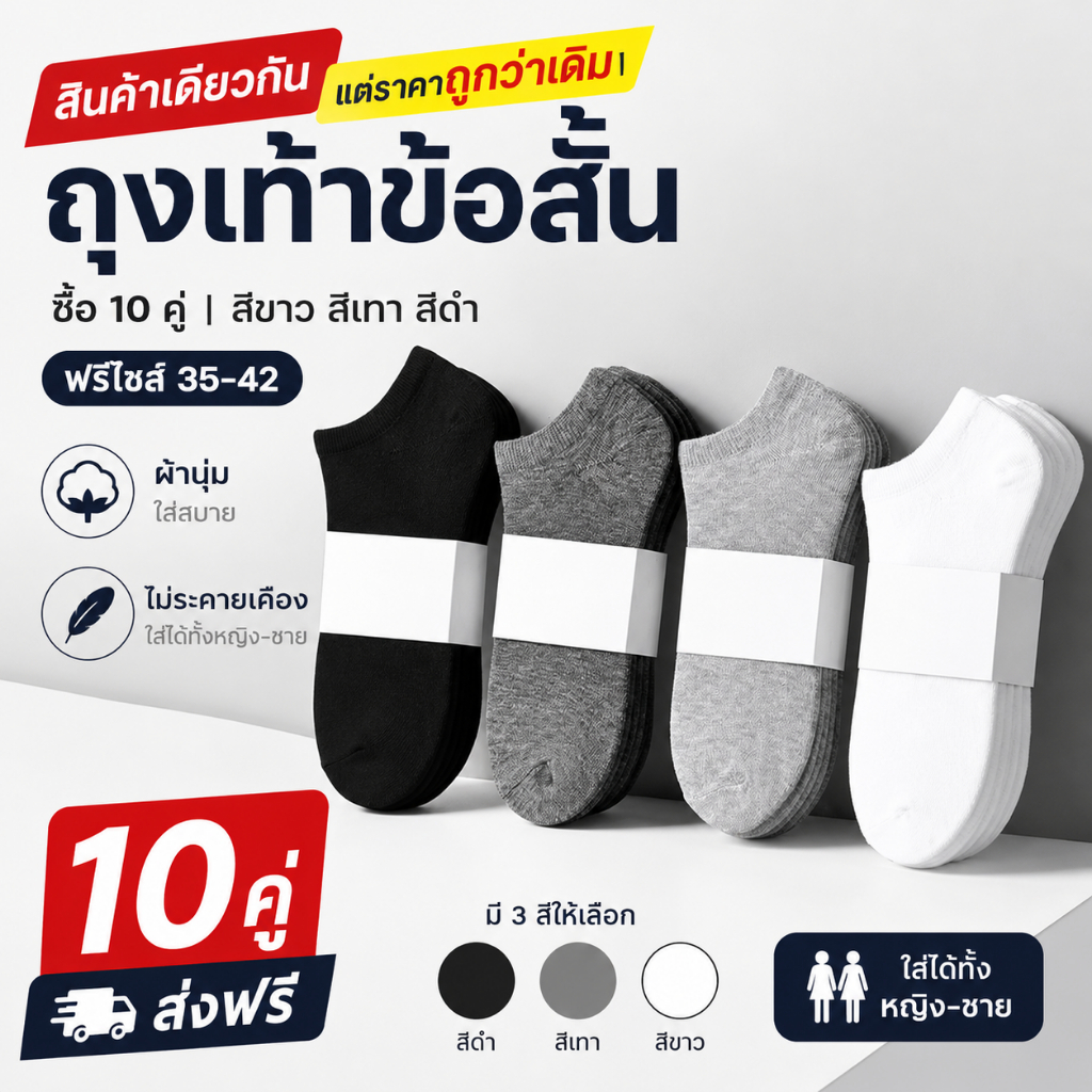 【สินค้าเดียวกัน แต่ราคาถูกกว่าเดิม】ถุงเท้าข้อสั้น ซื้อ 10 คู่ สีขาว สีเทา สีดำ ฟรีไซส์ 35-42 ผ้านุ่มใส่ได้ทั้งหญิง-ชาย