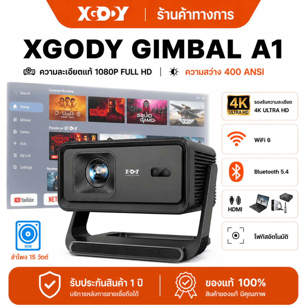XGODY โปรเจคเตอร์ Gimbal A1 พกพา 400 ANSI โฟกัสอัตโนมัติ Android 14.0 1+16GB อัพเกรดใหม่