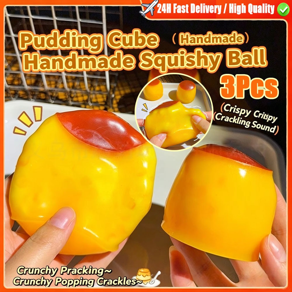 3 ชิ้นพุดดิ้ง Squishy Slow Rising Stress Ball, Caramel Crunchy Squeeze Fidget ของเล่น, Handmade ASMR Sensory Relief Gadget