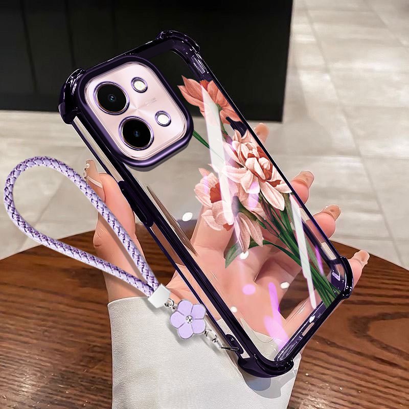 VRQR สําหรับ Oppo Reno 16 5G Reno16 F Reno16 Pro 5G 16F สี่มุม Anti Drop ภาพวาดสีน้ํามันช่อดอกไม้โปร่งใสเคสโทรศัพท์พร้อมเชือกดอกไม้