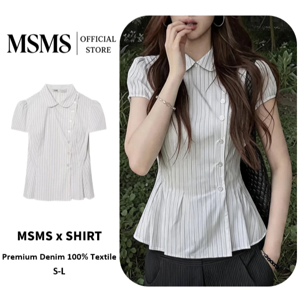 Striped Puff Blouse เสื้อเชิ้ตลายทางผู้หญิงคอปกกลม แขนพองสั้น กระดุมเฉียงเอวรัดทรงสัดส่วนดี สไตล์เรียบหรู Size S-L