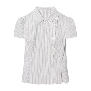 Striped Puff Blouse เสื้อเชิ้ตลายทางผู้หญิงคอปกกลม แขนพองสั้น กระดุมเฉียงเอวรัดทรงสัดส่วนดี สไตล์เรียบหรู Size S-L