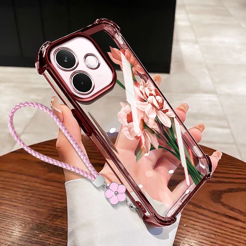 VRQR สําหรับ Oppo A6 Pro 5G 4G A6X A6C A6T A6S A6i A6 4G 5G สี่มุม Anti Drop ภาพวาดสีน้ํามันช่อดอกไม้โปร่งใสเคสโทรศัพท์เชือกดอกไม้
