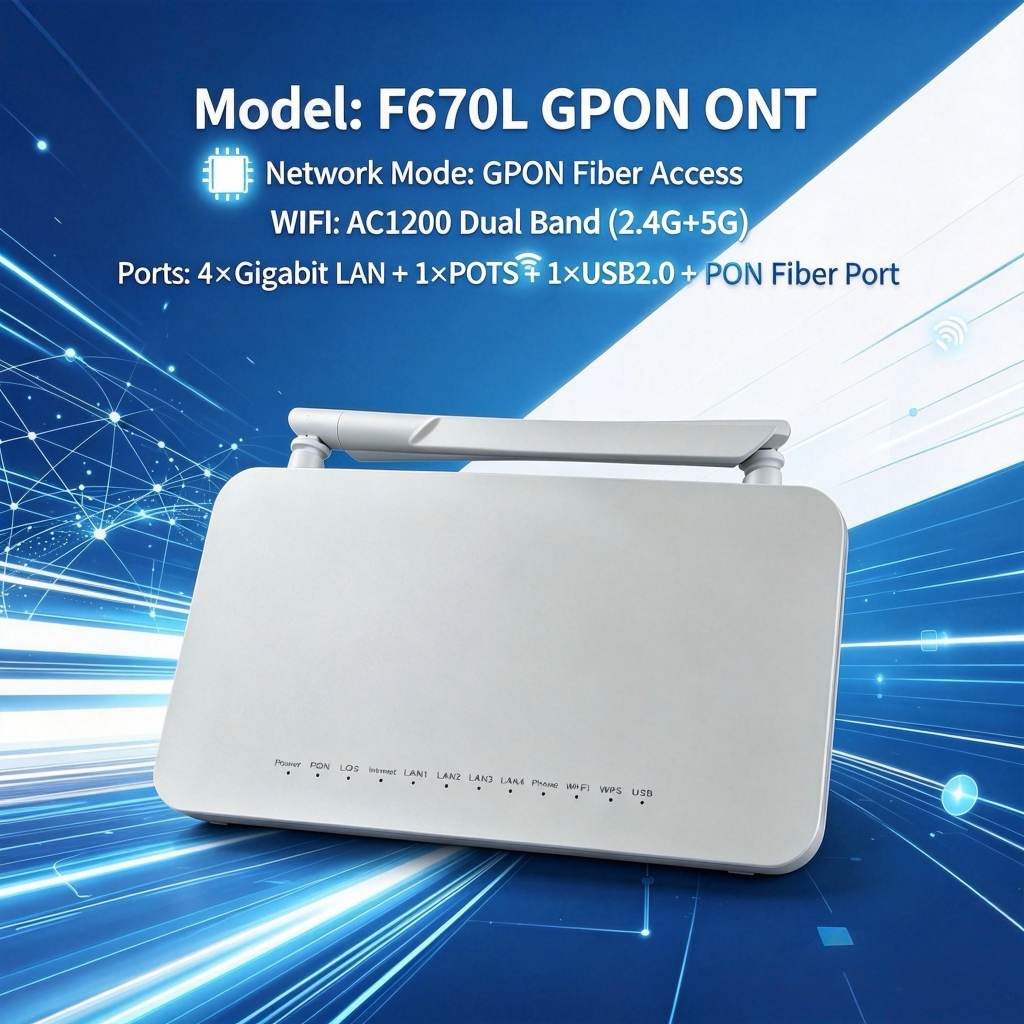 โมเด็มไฟเบอร์ F670L GPON ONU WiFi คู่คลื่น AC1200 4พอร์ตแลน + พอร์ตโทรศัพท์ POTS + USB ใช้งานกับ AIS