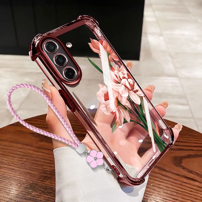 VRQR สําหรับ Samsung Galaxy A57 A37 A27 A17 A56 A36 A26 A16 5G 4G สี่มุม Anti Drop ภาพวาดสีน้ํามันช่อดอกไม้โปร่งใสเคสโทรศัพท์เชือกดอกไม้