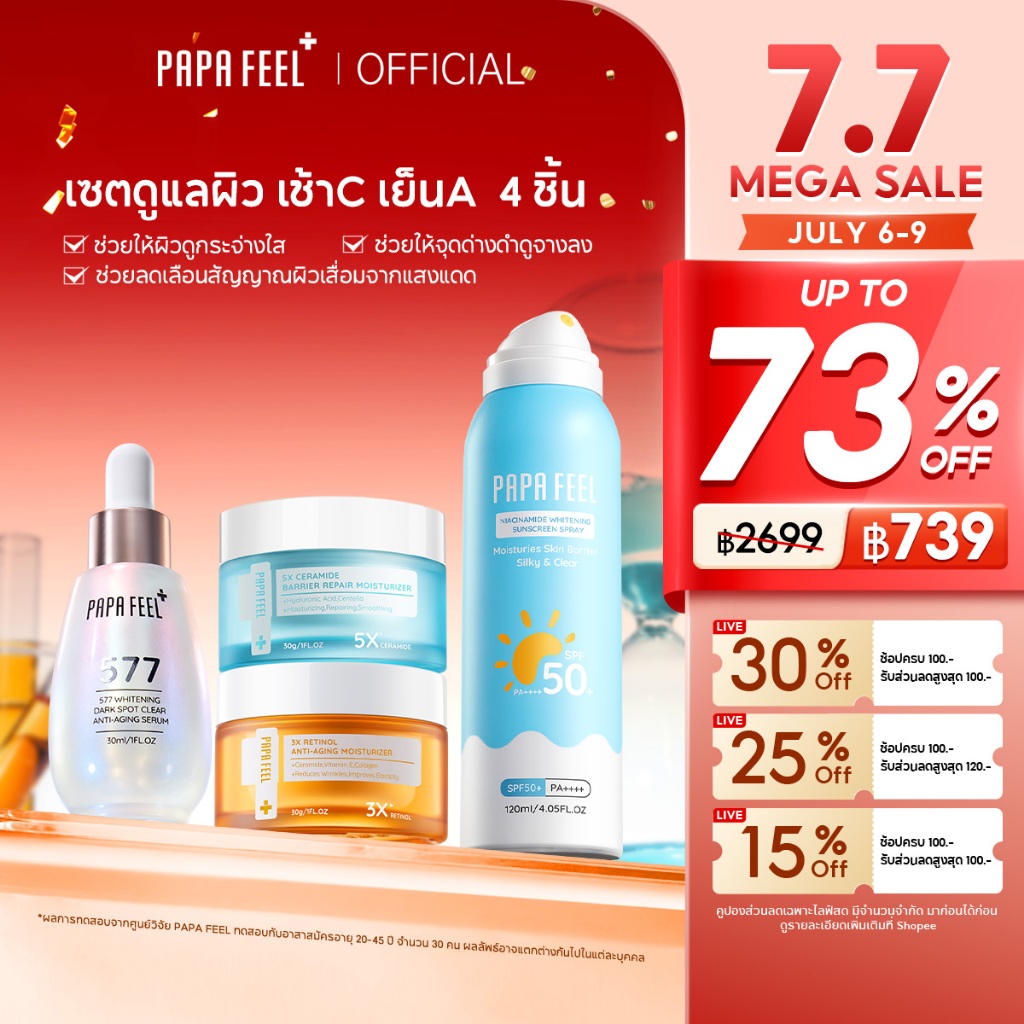 PAPA FEEL【เช้า C เย็น A เซตสุดคุ้ม 4 ชิ้น】 เซรั่ม 577+ ครีมเซราไมด์ + ครีมเรตินอล + สเปรย์กันแดด | ลดริ้วรอย | ฟื้นฟูเกราะผิว | หน้าใส | ฝ้า | กระ | Sunscreen