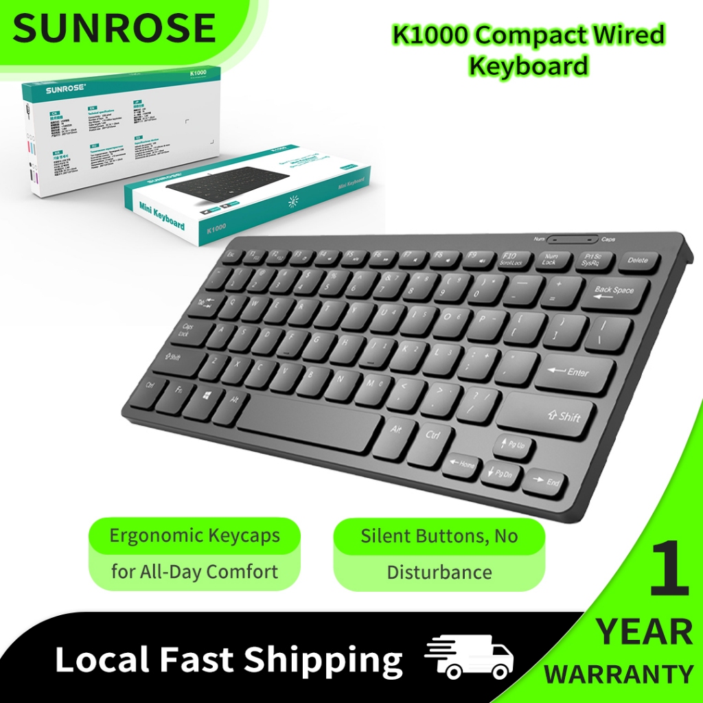 【+1 ฿ รับของแถม】SUNROSE K1000 คีย์บอร์ดแบบมีสายสีสันสดใส, ปุ่มกดตามหลักสรีระศาสตร์, การพิมพ์เงียบ, ตัวละครพิมพ์ ยูวี, ปลั๊กแอนด์เพลย์, กันน้ําและกันฝุ่น, สําหรับสํานักงานและบ้