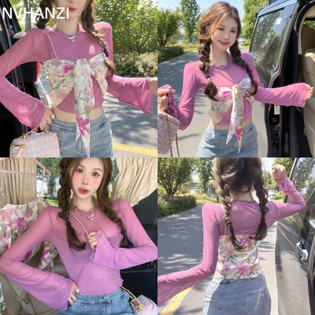 Sweet Floral Satin Camisole ผู้หญิง Bellflower Tea Break สองชิ้นบางเซ็กซี่ผ้าพันคอครีมกันแดดเสื้อด้านบน
