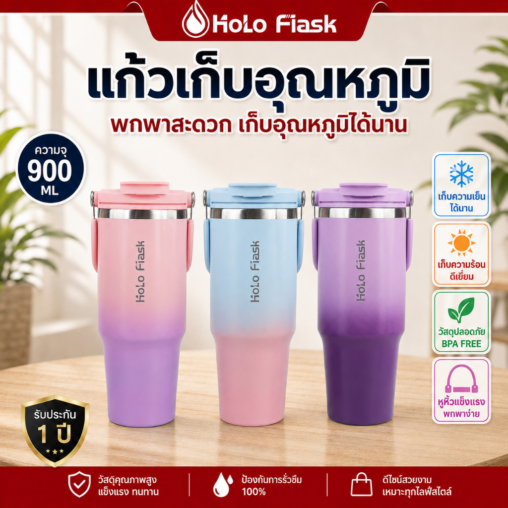 แก้วน้ําฉนวนสุญญากาศ HoloFlak 900ML – แก้วกาแฟสแตนเลส, ถ้วยเดินทางเก็บความร้อนร้อนและเย็นพร้อมฝาปิดป้องกันการรั่วซึม