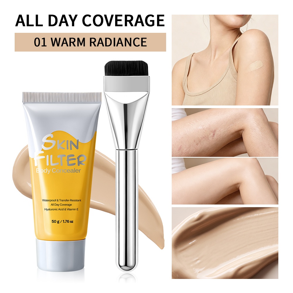 Danchel Soft Filter Body Concealer, Full Coverage Tattoo Scar Vein Cover, Waterproof Sweat Resistance Long Lasting Body Foundation, Natural Glow Finish with Makeup Brush 50g