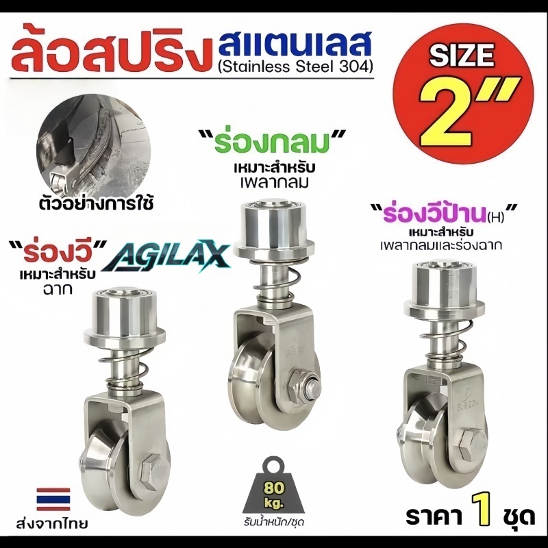 ลูกล้อสปริง ขายึดได้ 360°ล้อสแตนเลสหมุนได้ 304 ขนาด 2 นิ้ว.มีจําหน่ายสําหรับร่องล้อต่างๆ ร่องกลม ร่องรูปตัว U รูปตัว V สี่เหลี่ยม และ G รูปตัว V