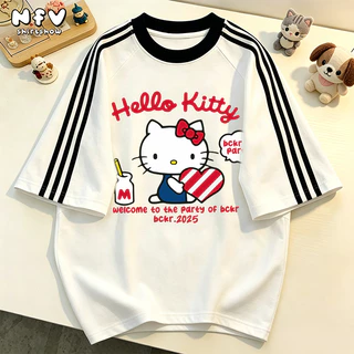 NFV มาใหม่ ลายการ์ตูนคิตตี้ เสื้อยืดแขนสั้นคอกลม แฟชั่นเกาหลี ผ้าฝ้ายแท้ oversize YG585