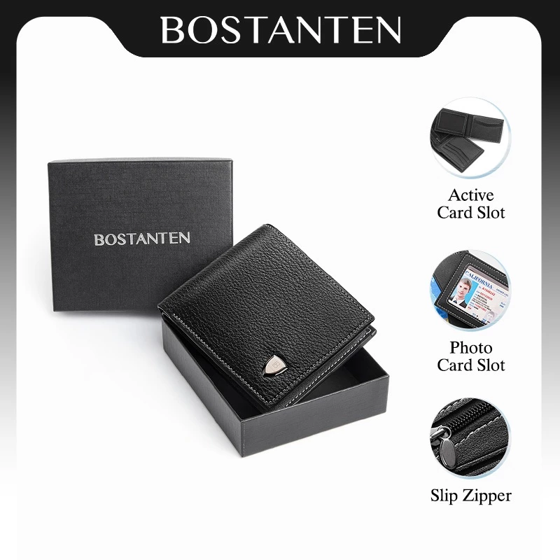 BOSTANTEN กระเป๋าสตางค์ผู้ชายใบสั้น สไตล์คลาสสิก หนัง PU ช่องใส่บัตรถอดได้ พร้อมกล่องของขวัญ
