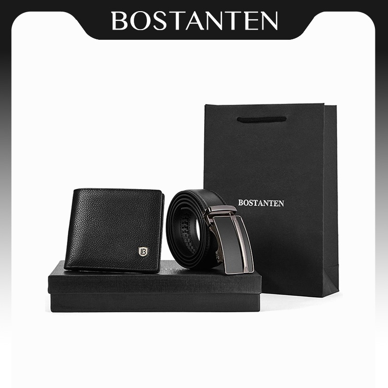 BOSTANTEN Kevin ชุดกระเป๋าสตางค์และเข็มขัดผู้ชาย หนัง PU คุณภาพสูง ดีไซน์ธุรกิจ พร้อมกล่องของขวัญและถุงกระดาษ