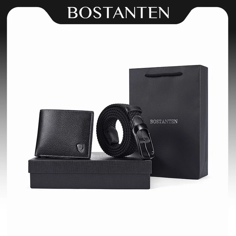 BOSTANTEN Weave Belt & Wallet Set ชุดของขวัญผู้ชาย เข็มขัด+กระเป๋าสตางค์ พรีเมียม พร้อมถุง