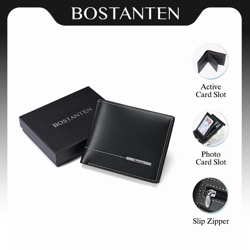 BOSTANTEN Arc กระเป๋าสตางค์ผู้ชาย หนัง PU ดีไซน์เรียบหรู ตะเข็บขาวตัด พรีเมียม เหมาะทุกการใช้งาน