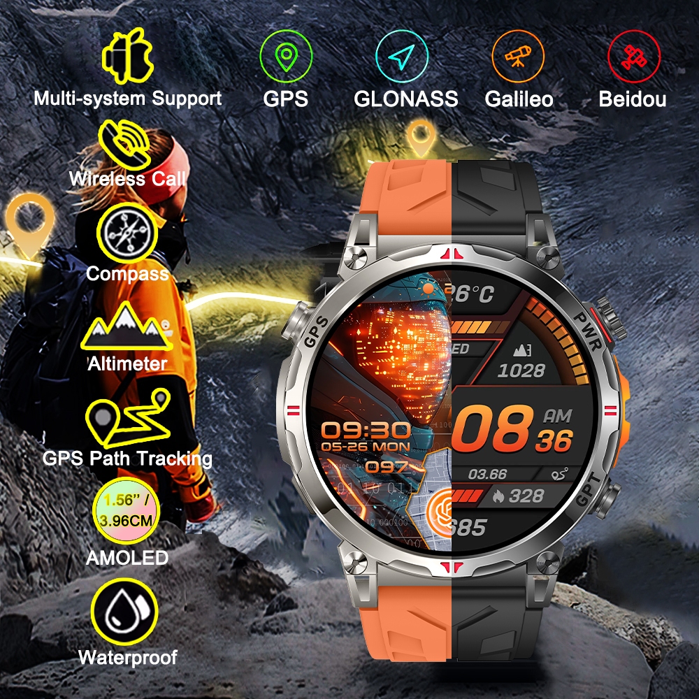 ใหม่ GPS สมาร์ทนาฬิกา KC93 1.56 นิ้ว AMOLED 650Mah 3ATM กันน้ําฟิตเนสติดตาม BT Call Professional กีฬ