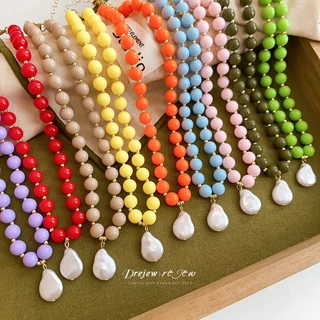 สร้อยคอลูกปัดหลายสี DREJEW จี้ลูกมุกรูปหยดน้ำ สไตล์หวานสดใส เหมาะสวมประจำวันและท่องเที่ยว